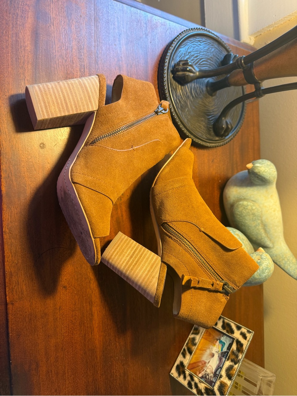Splendid Tan Suede Peep-Toe Stacked Heel Ankle Boots - Picture 6 of 11